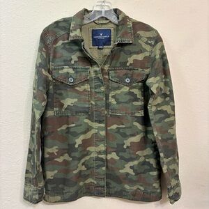 American Eagle Camo Jacket Boyfriend Military Coat Embroidered NAH Heart Size XS
